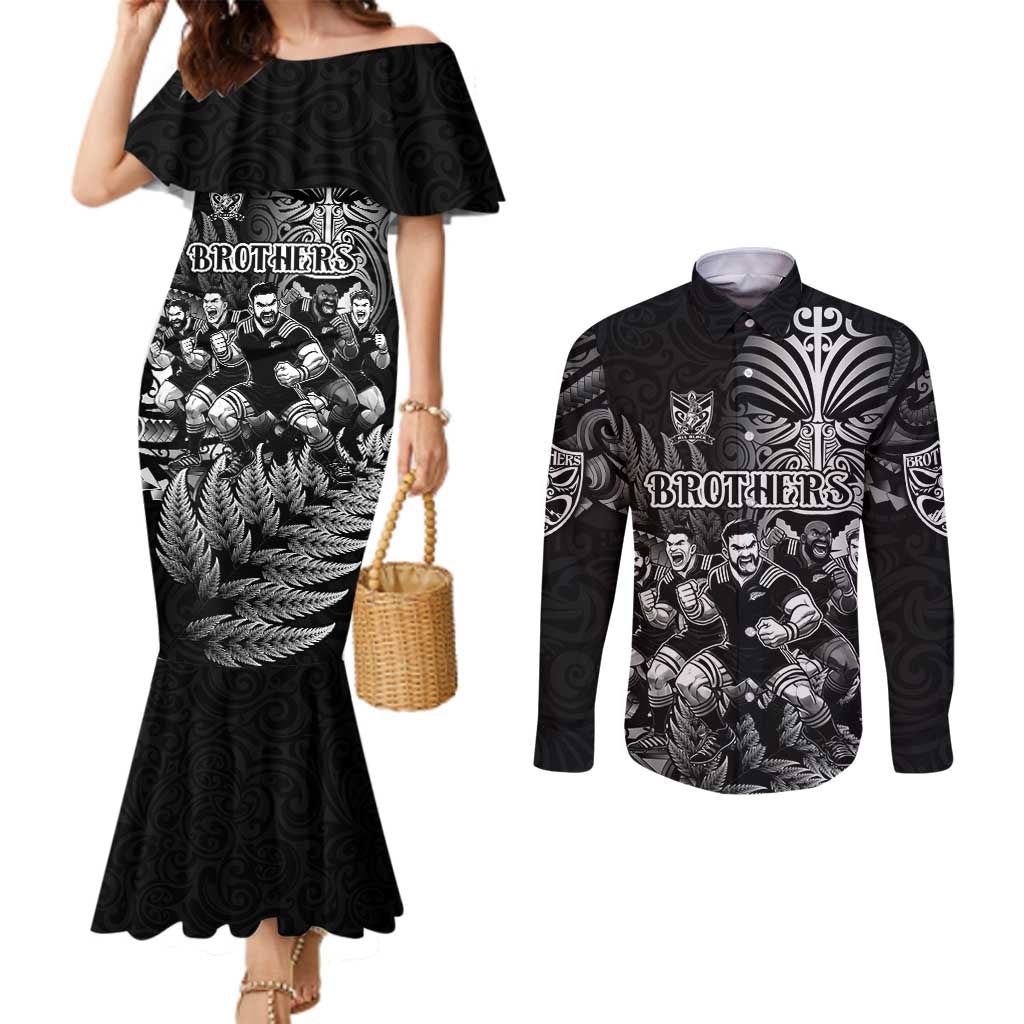Personalized All Black Brothers Rugby Couples Matching Mermaid Dress and Long Sleeve Button Shirt New Zealand Maori Haka DT02 Black - Polynesian Pride