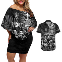 Personalized All Black Brothers Rugby Couples Matching Off Shoulder Short Dress and Hawaiian Shirt New Zealand Maori Haka DT02 Black - Polynesian Pride