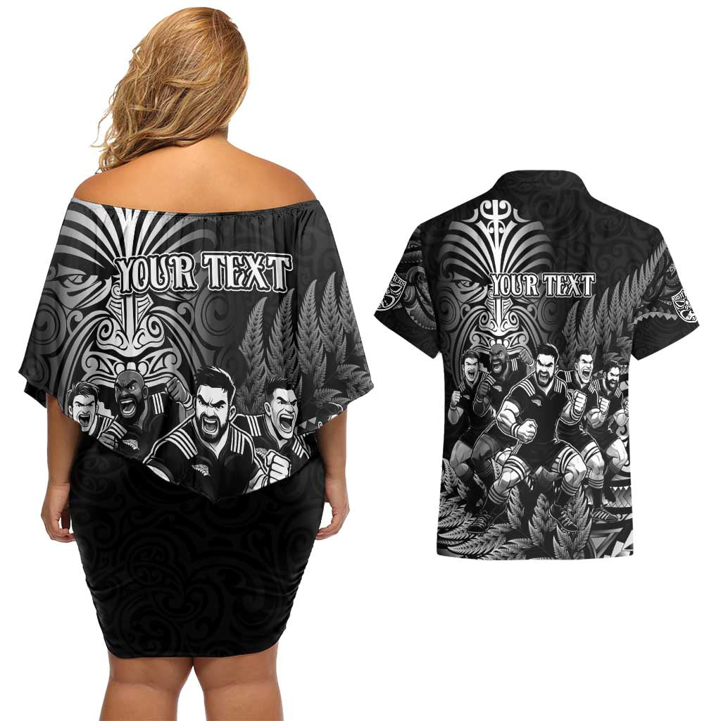 Personalized All Black Brothers Rugby Couples Matching Off Shoulder Short Dress and Hawaiian Shirt New Zealand Maori Haka DT02 - Polynesian Pride