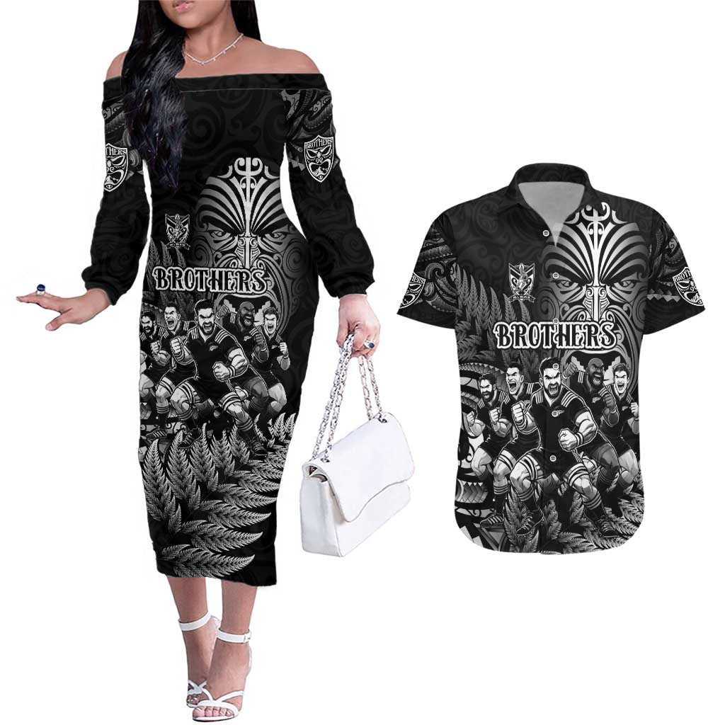 Personalized All Black Brothers Rugby Couples Matching Off The Shoulder Long Sleeve Dress and Hawaiian Shirt New Zealand Maori Haka DT02 Black - Polynesian Pride