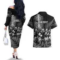 Personalized All Black Brothers Rugby Couples Matching Off The Shoulder Long Sleeve Dress and Hawaiian Shirt New Zealand Maori Haka DT02 - Polynesian Pride