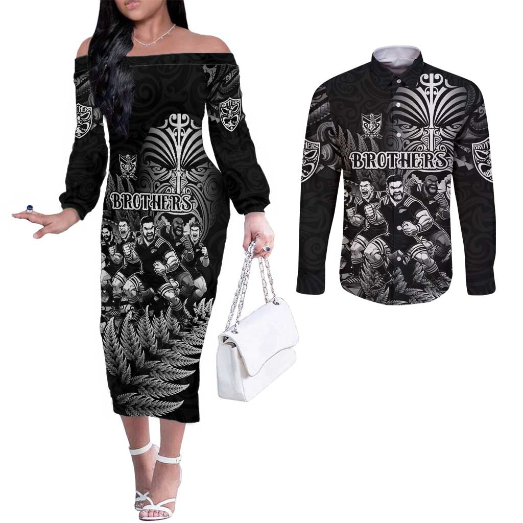 Personalized All Black Brothers Rugby Couples Matching Off The Shoulder Long Sleeve Dress and Long Sleeve Button Shirt New Zealand Maori Haka