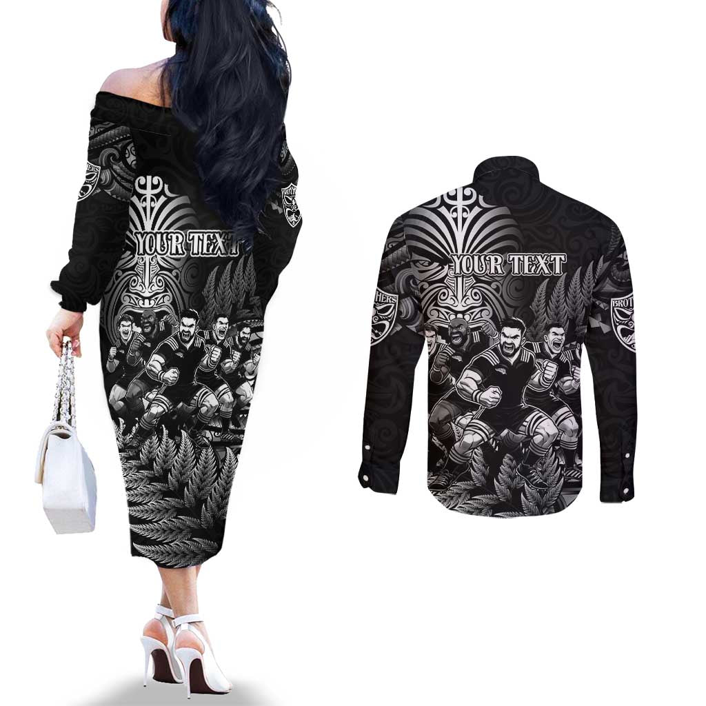 Personalized All Black Brothers Rugby Couples Matching Off The Shoulder Long Sleeve Dress and Long Sleeve Button Shirt New Zealand Maori Haka DT02 - Polynesian Pride