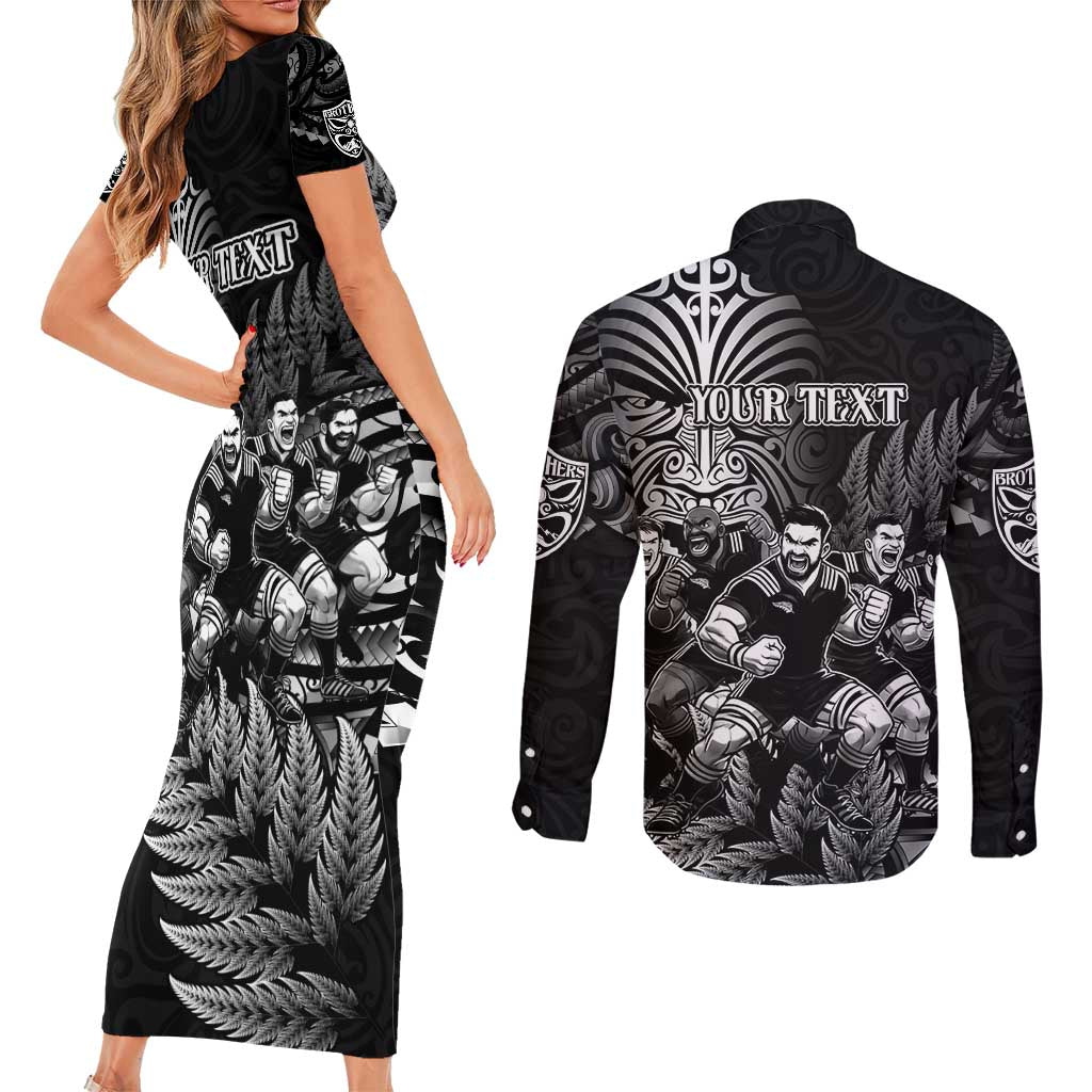Personalized All Black Brothers Rugby Couples Matching Short Sleeve Bodycon Dress and Long Sleeve Button Shirt New Zealand Maori Haka DT02 - Polynesian Pride