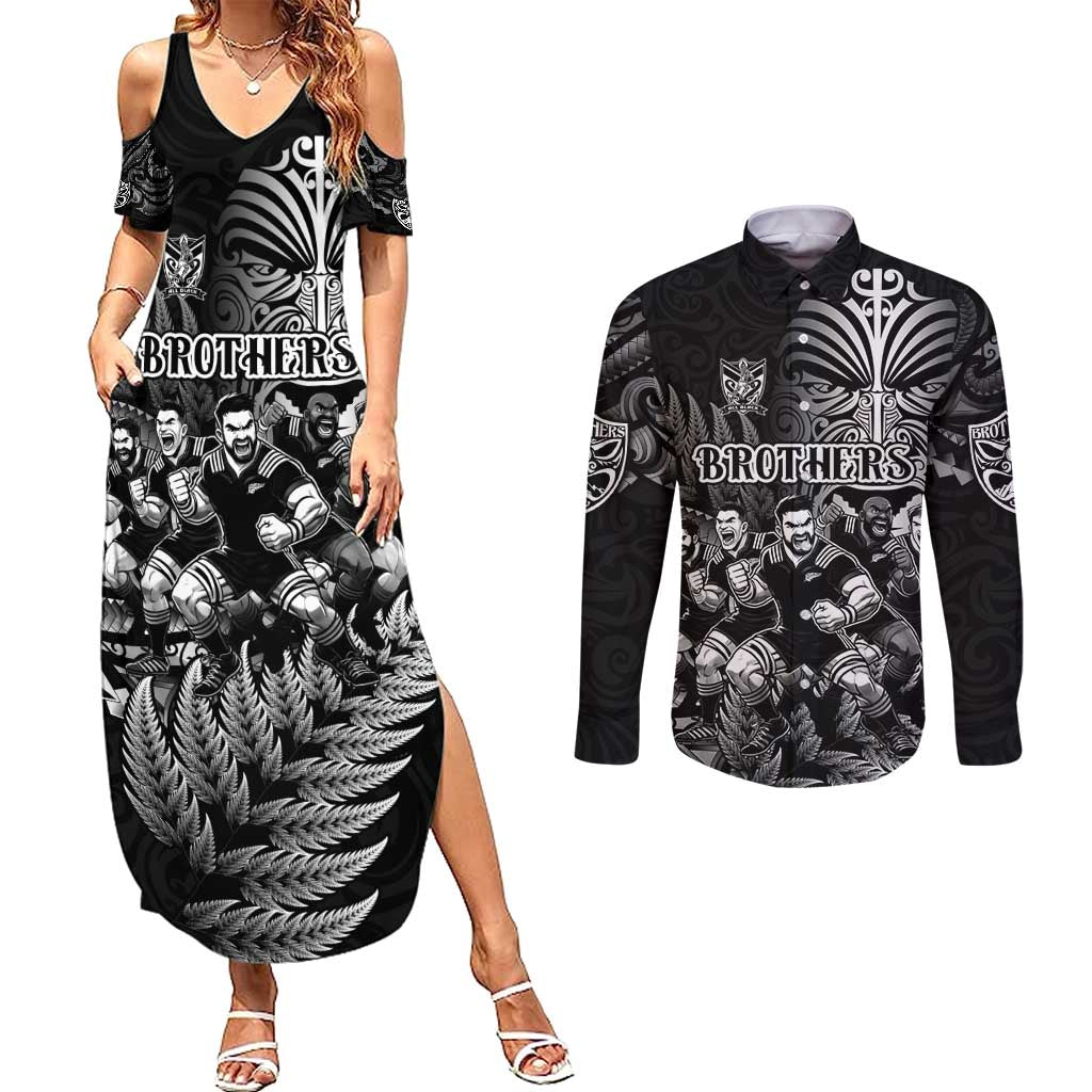 Personalized All Black Brothers Rugby Couples Matching Summer Maxi Dress and Long Sleeve Button Shirt New Zealand Maori Haka