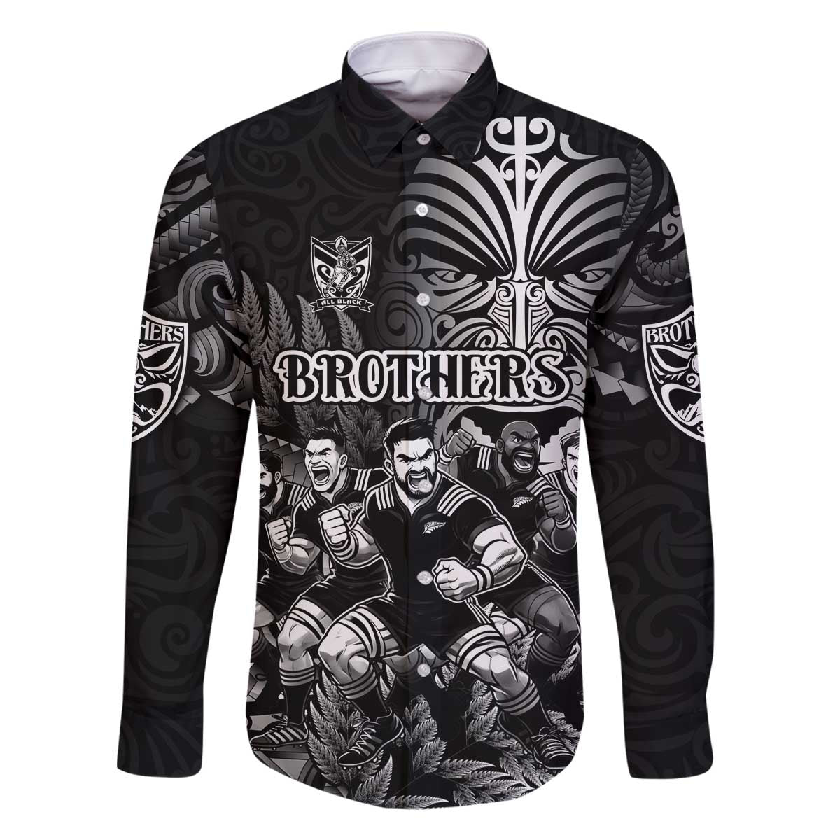 Personalized All Black Brothers Rugby Family Matching Off The Shoulder Long Sleeve Dress and Hawaiian Shirt New Zealand Maori Haka DT02 Dad's Shirt - Long Sleeve Black - Polynesian Pride