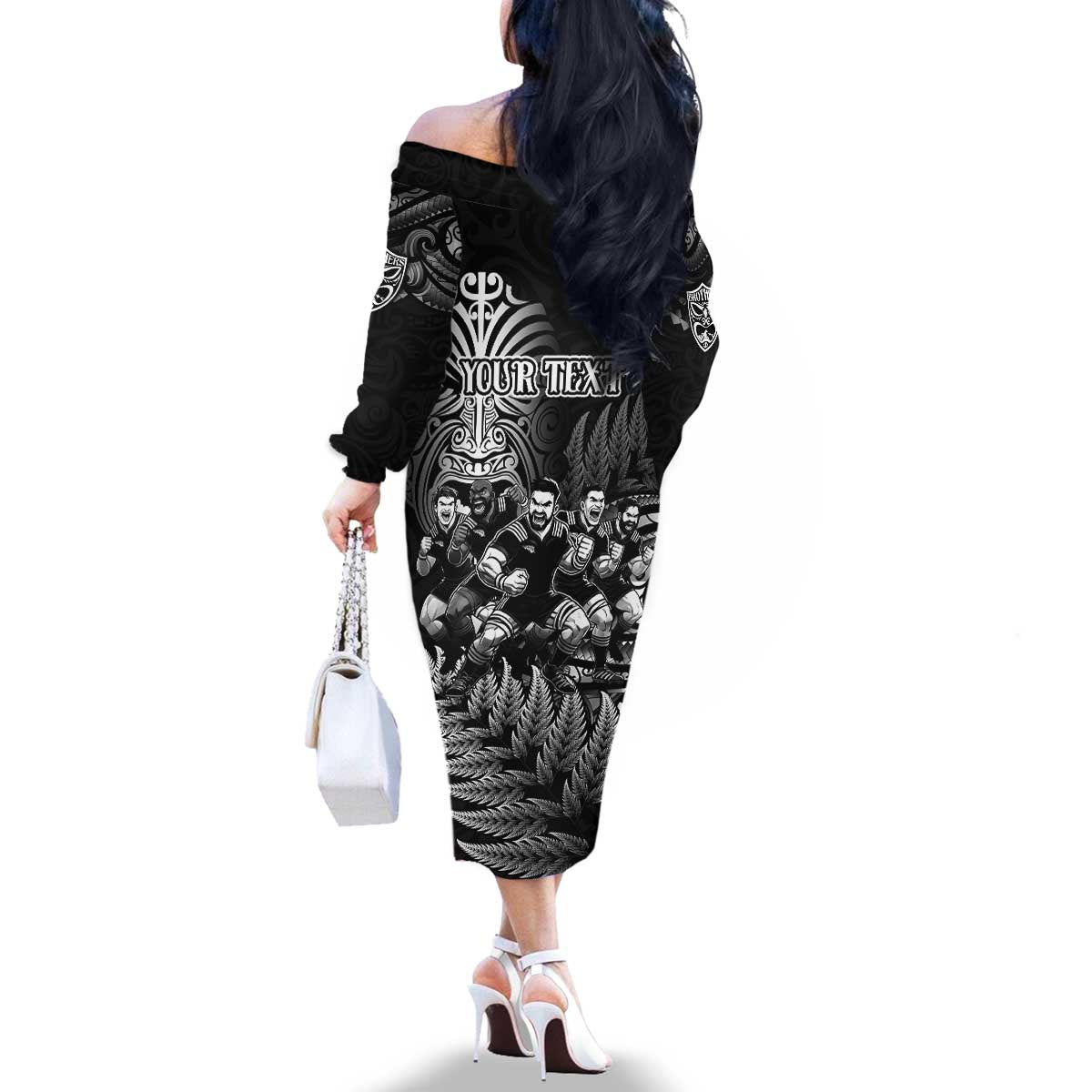 Personalized All Black Brothers Rugby Family Matching Off The Shoulder Long Sleeve Dress and Hawaiian Shirt New Zealand Maori Haka DT02 - Polynesian Pride
