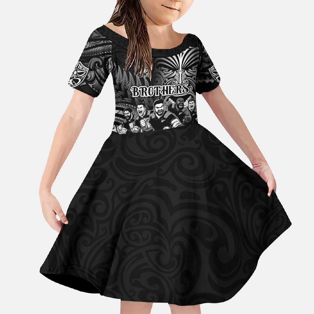 Personalized All Black Brothers Rugby Family Matching Off Shoulder Maxi Dress and Hawaiian Shirt New Zealand Maori Haka DT02 Daughter's Dress Black - Polynesian Pride