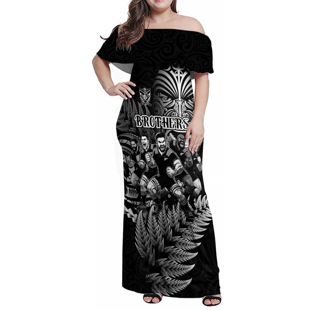 Personalized All Black Brothers Rugby Family Matching Off Shoulder Maxi Dress and Hawaiian Shirt New Zealand Maori Haka DT02 Mom's Dress Black - Polynesian Pride