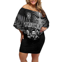 Personalized All Black Brothers Rugby Family Matching Off Shoulder Short Dress and Hawaiian Shirt New Zealand Maori Haka DT02 Mom's Dress Black - Polynesian Pride