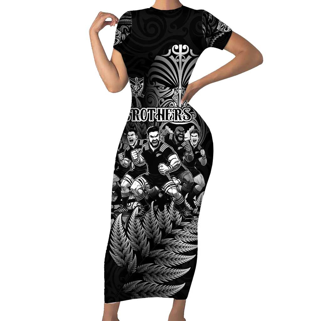 Personalized All Black Brothers Rugby Family Matching Short Sleeve Bodycon Dress and Hawaiian Shirt New Zealand Maori Haka DT02 Mom's Dress Black - Polynesian Pride