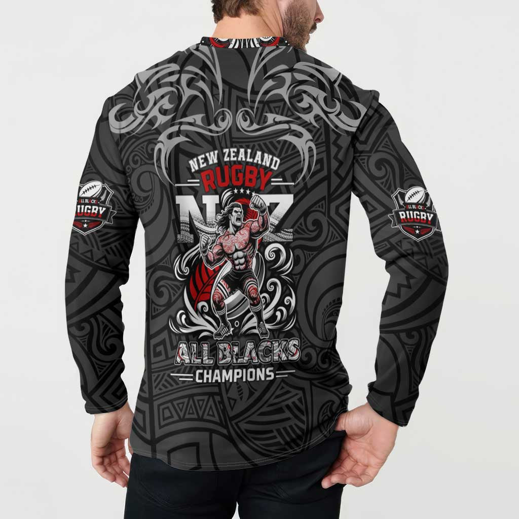 All Black NZL Rugby Champions Button Sweatshirt Maori Warrior