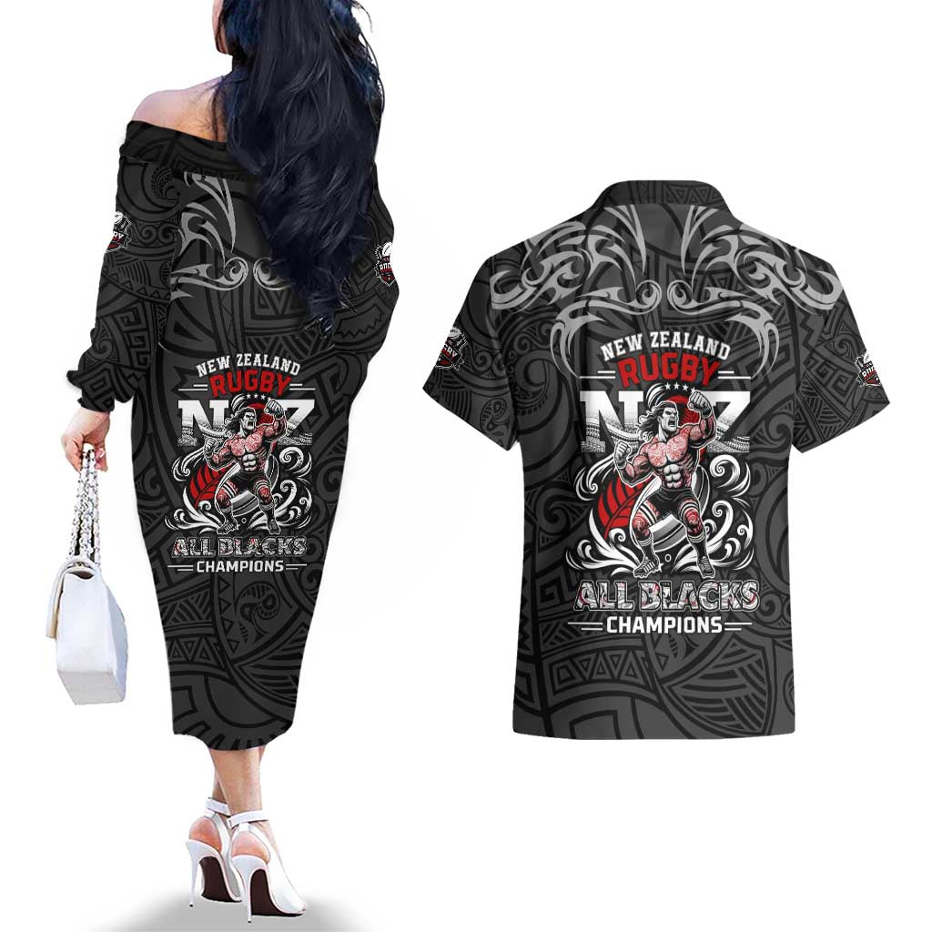 All Black NZL Rugby Champions Couples Matching Off The Shoulder Long Sleeve Dress and Hawaiian Shirt Maori Warrior
