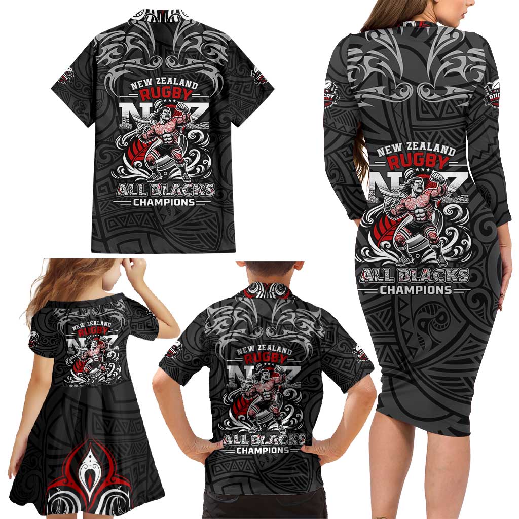 All Black NZL Rugby Champions Family Matching Long Sleeve Bodycon Dress and Hawaiian Shirt Maori Warrior DT02 - Polynesian Pride