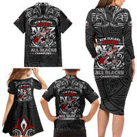 All Black NZL Rugby Champions Family Matching Long Sleeve Bodycon Dress and Hawaiian Shirt Maori Warrior DT02 - Polynesian Pride