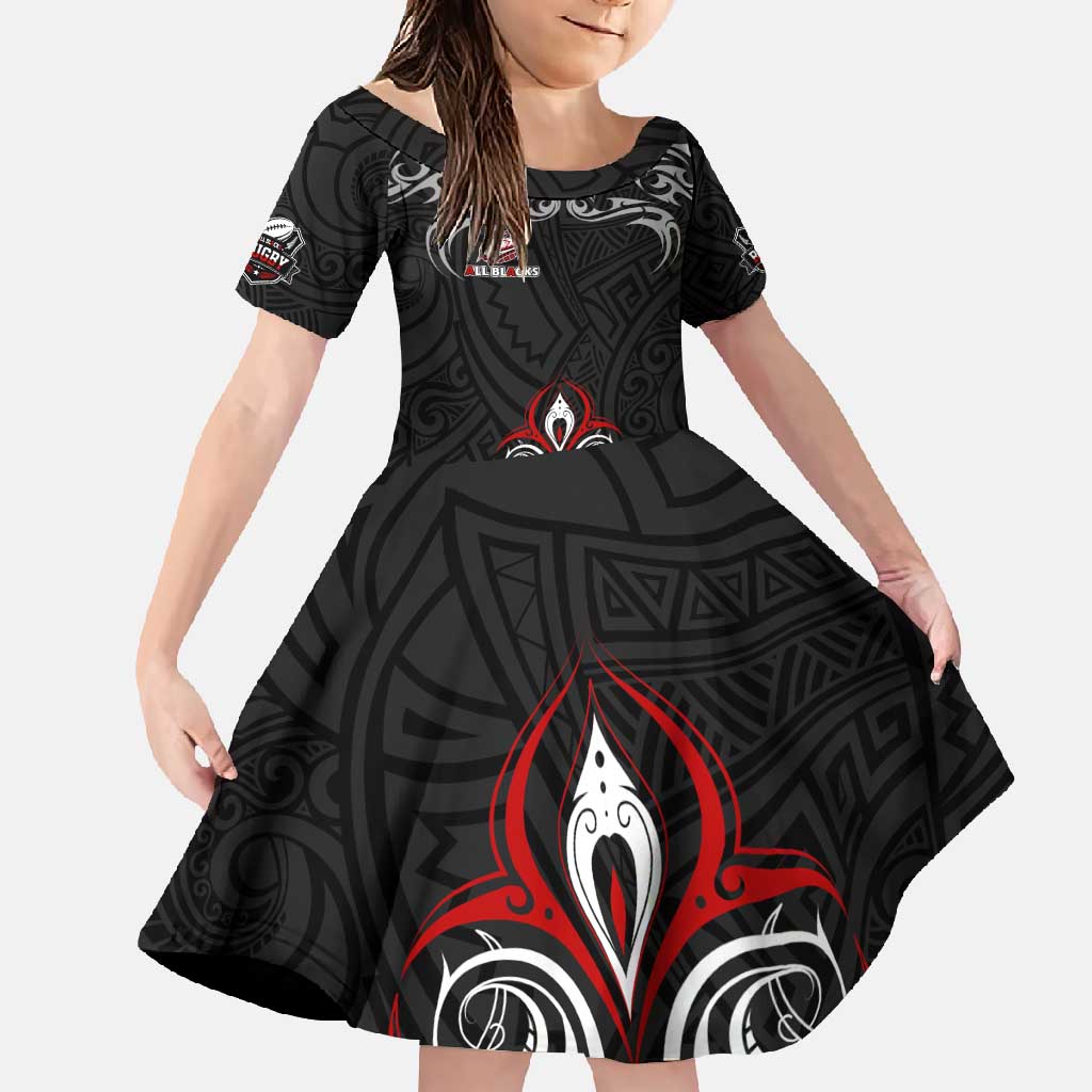 All Black NZL Rugby Champions Family Matching Mermaid Dress and Hawaiian Shirt Maori Warrior DT02 Daughter's Dress Black - Polynesian Pride