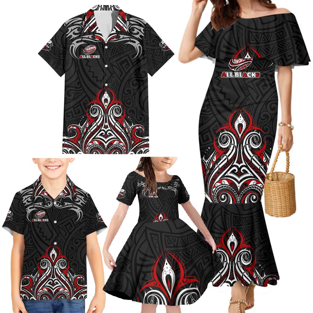 All Black NZL Rugby Champions Family Matching Mermaid Dress and Hawaiian Shirt Maori Warrior DT02 - Polynesian Pride