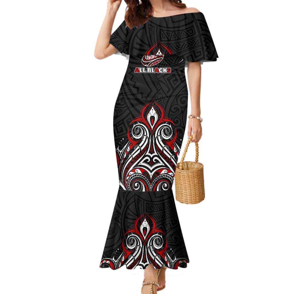 All Black NZL Rugby Champions Family Matching Mermaid Dress and Hawaiian Shirt Maori Warrior DT02 Mom's Dress Black - Polynesian Pride