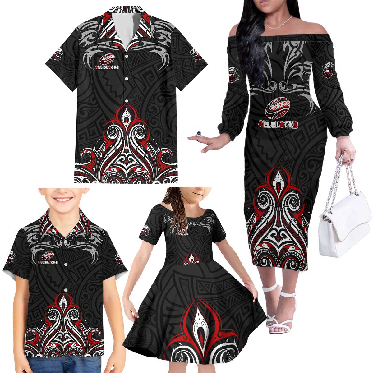 All Black NZL Rugby Champions Family Matching Off The Shoulder Long Sleeve Dress and Hawaiian Shirt Maori Warrior DT02 - Polynesian Pride
