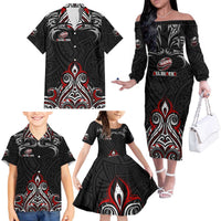 All Black NZL Rugby Champions Family Matching Off The Shoulder Long Sleeve Dress and Hawaiian Shirt Maori Warrior DT02 - Polynesian Pride