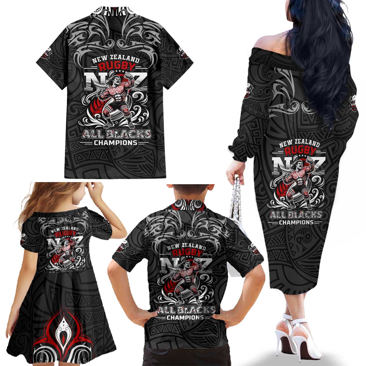 All Black NZL Rugby Champions Family Matching Off The Shoulder Long Sleeve Dress and Hawaiian Shirt Maori Warrior DT02 - Polynesian Pride