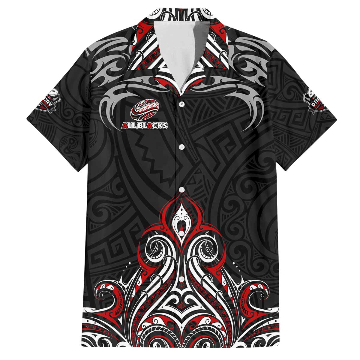 All Black NZL Rugby Champions Family Matching Off The Shoulder Long Sleeve Dress and Hawaiian Shirt Maori Warrior DT02 Dad's Shirt - Short Sleeve Black - Polynesian Pride