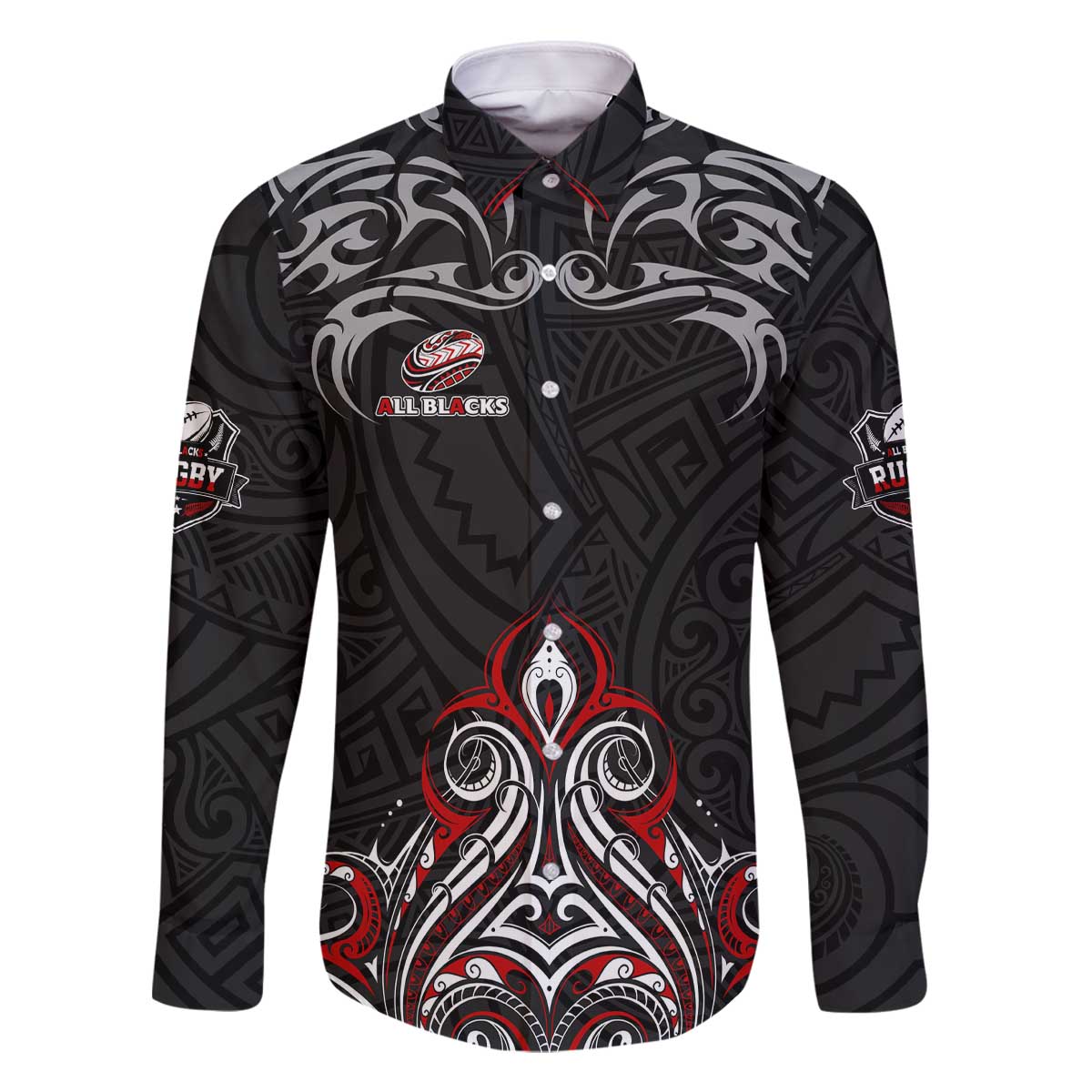 All Black NZL Rugby Champions Family Matching Off The Shoulder Long Sleeve Dress and Hawaiian Shirt Maori Warrior DT02 Dad's Shirt - Long Sleeve Black - Polynesian Pride