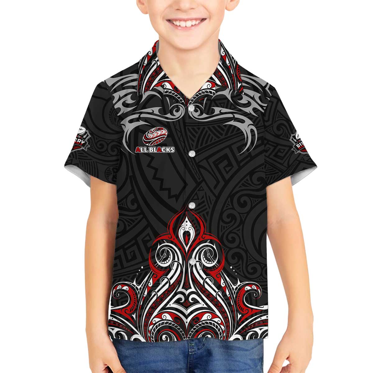 All Black NZL Rugby Champions Family Matching Off The Shoulder Long Sleeve Dress and Hawaiian Shirt Maori Warrior DT02 Son's Shirt Black - Polynesian Pride