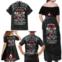 All Black NZL Rugby Champions Family Matching Off Shoulder Maxi Dress and Hawaiian Shirt Maori Warrior DT02 - Polynesian Pride