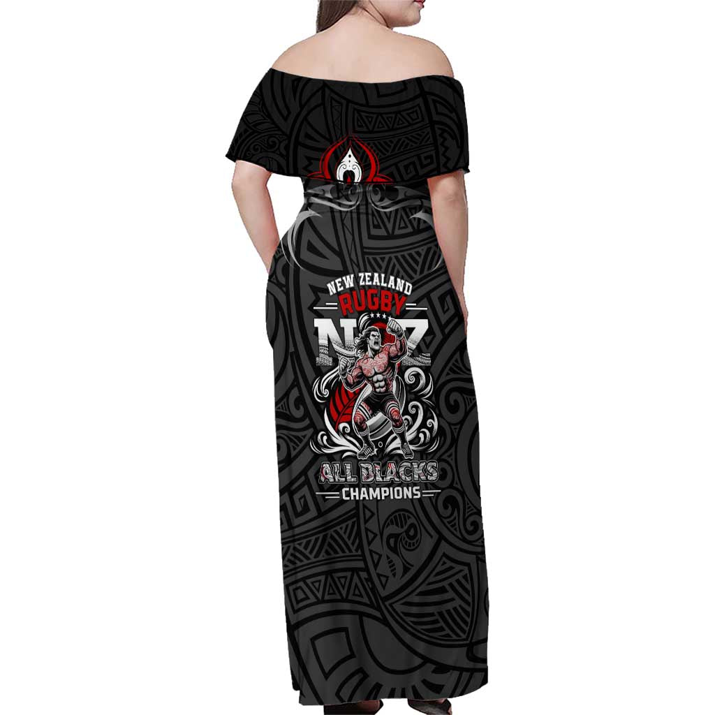 All Black NZL Rugby Champions Family Matching Off Shoulder Maxi Dress and Hawaiian Shirt Maori Warrior DT02 - Polynesian Pride