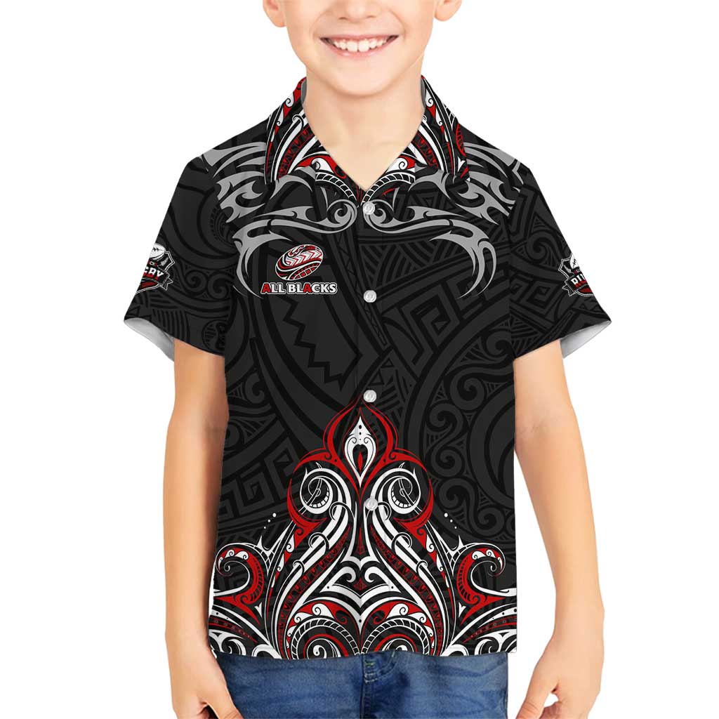 All Black NZL Rugby Champions Family Matching Off Shoulder Maxi Dress and Hawaiian Shirt Maori Warrior DT02 Son's Shirt Black - Polynesian Pride