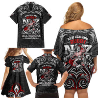 All Black NZL Rugby Champions Family Matching Off Shoulder Short Dress and Hawaiian Shirt Maori Warrior DT02 - Polynesian Pride