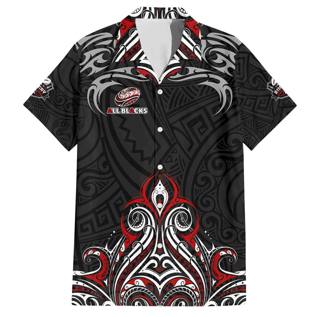 All Black NZL Rugby Champions Family Matching Off Shoulder Short Dress and Hawaiian Shirt Maori Warrior DT02 Dad's Shirt - Short Sleeve Black - Polynesian Pride