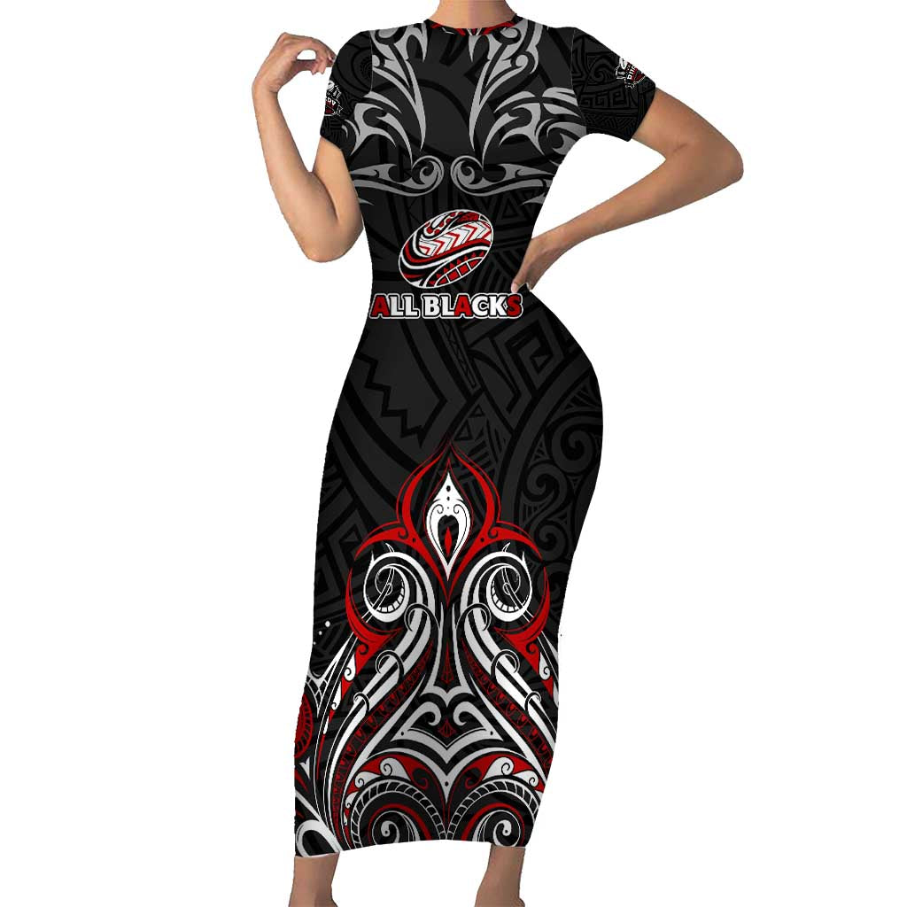 All Black NZL Rugby Champions Family Matching Short Sleeve Bodycon Dress and Hawaiian Shirt Maori Warrior DT02 Mom's Dress Black - Polynesian Pride