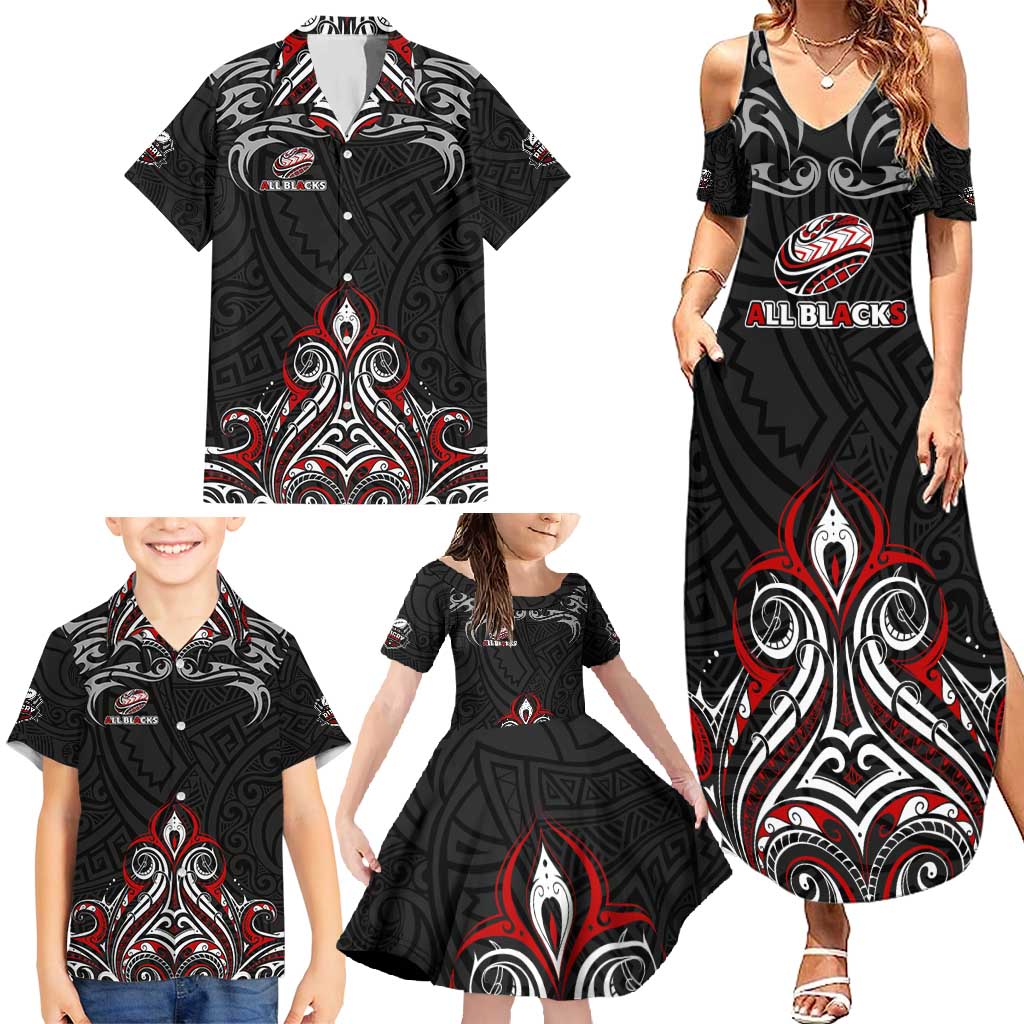 All Black NZL Rugby Champions Family Matching Summer Maxi Dress and Hawaiian Shirt Maori Warrior DT02 - Polynesian Pride