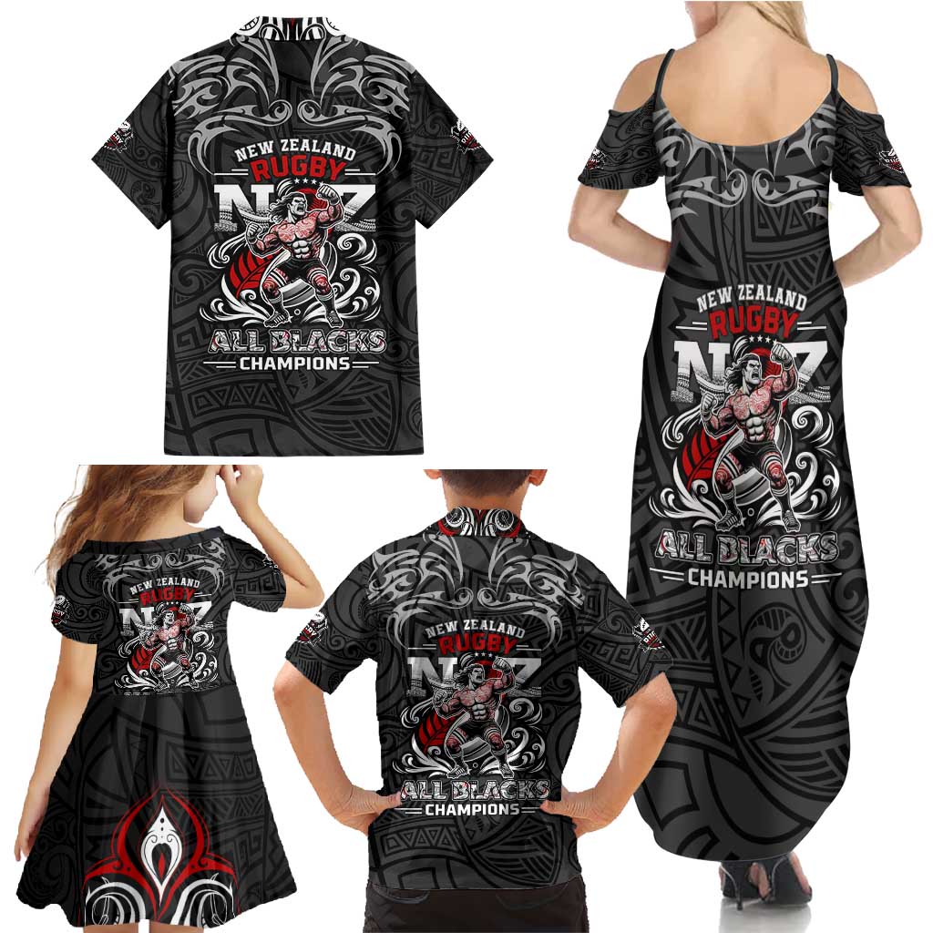 All Black NZL Rugby Champions Family Matching Summer Maxi Dress and Hawaiian Shirt Maori Warrior DT02 - Polynesian Pride
