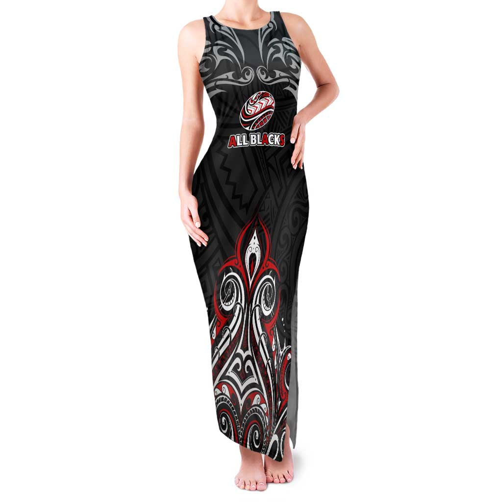 All Black NZL Rugby Champions Family Matching Tank Maxi Dress and Hawaiian Shirt Maori Warrior DT02 Mom's Dress Black - Polynesian Pride