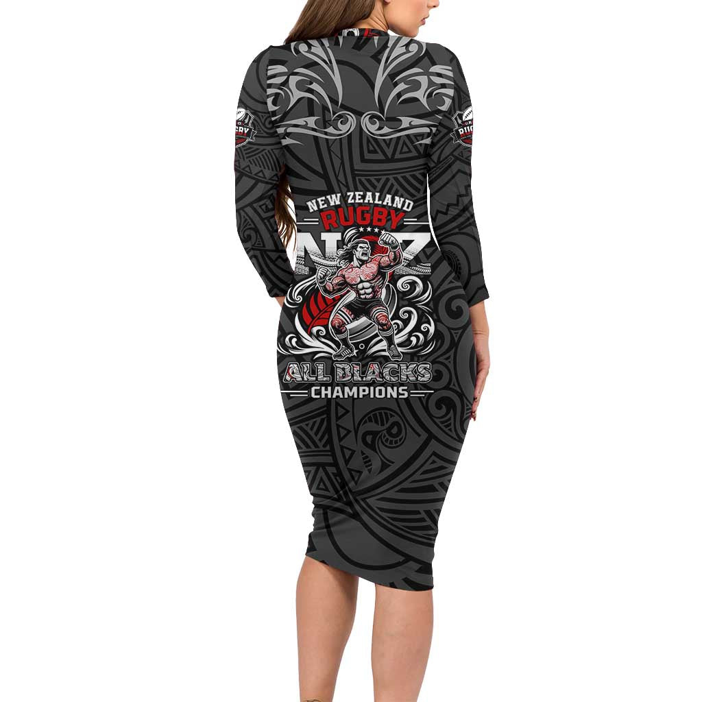 All Black NZL Rugby Champions Long Sleeve Bodycon Dress Maori Warrior