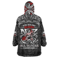 All Black NZL Rugby Champions Wearable Blanket Hoodie Maori Warrior DT02 - Polynesian Pride