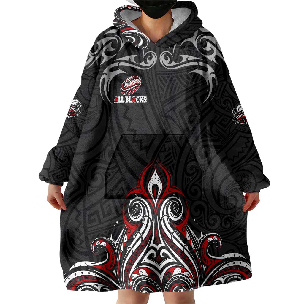 All Black NZL Rugby Champions Wearable Blanket Hoodie Maori Warrior DT02 - Polynesian Pride