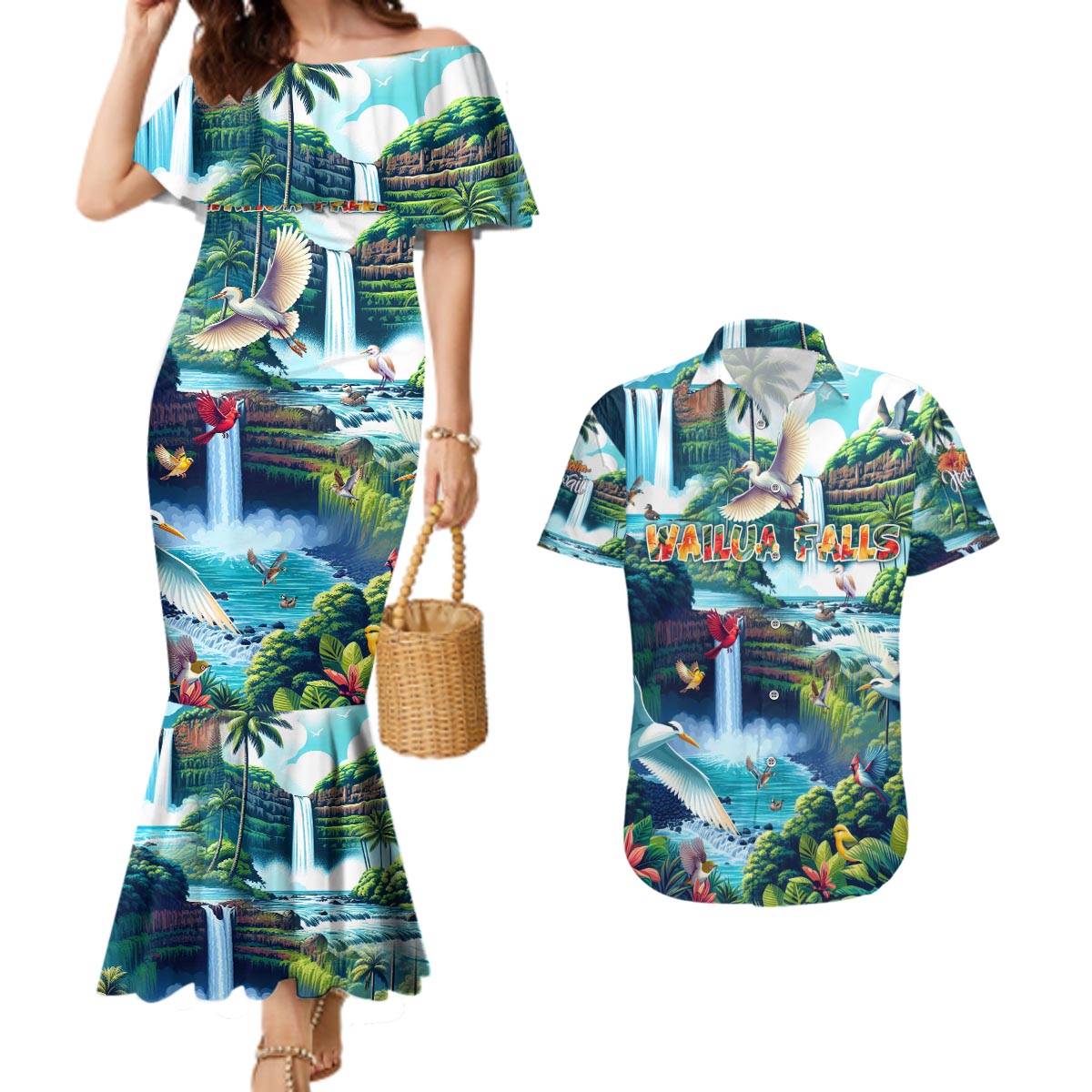 Wailua Falls Hawaii Couples Matching Mermaid Dress and Hawaiian Shirt Kauai Natural Beauty DT02 Art - Polynesian Pride