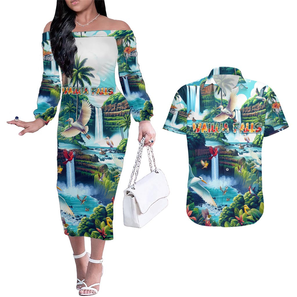 Wailua Falls Hawaii Couples Matching Off The Shoulder Long Sleeve Dress and Hawaiian Shirt Kauai Natural Beauty DT02 Art - Polynesian Pride