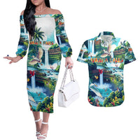 Wailua Falls Hawaii Couples Matching Off The Shoulder Long Sleeve Dress and Hawaiian Shirt Kauai Natural Beauty DT02 Art - Polynesian Pride