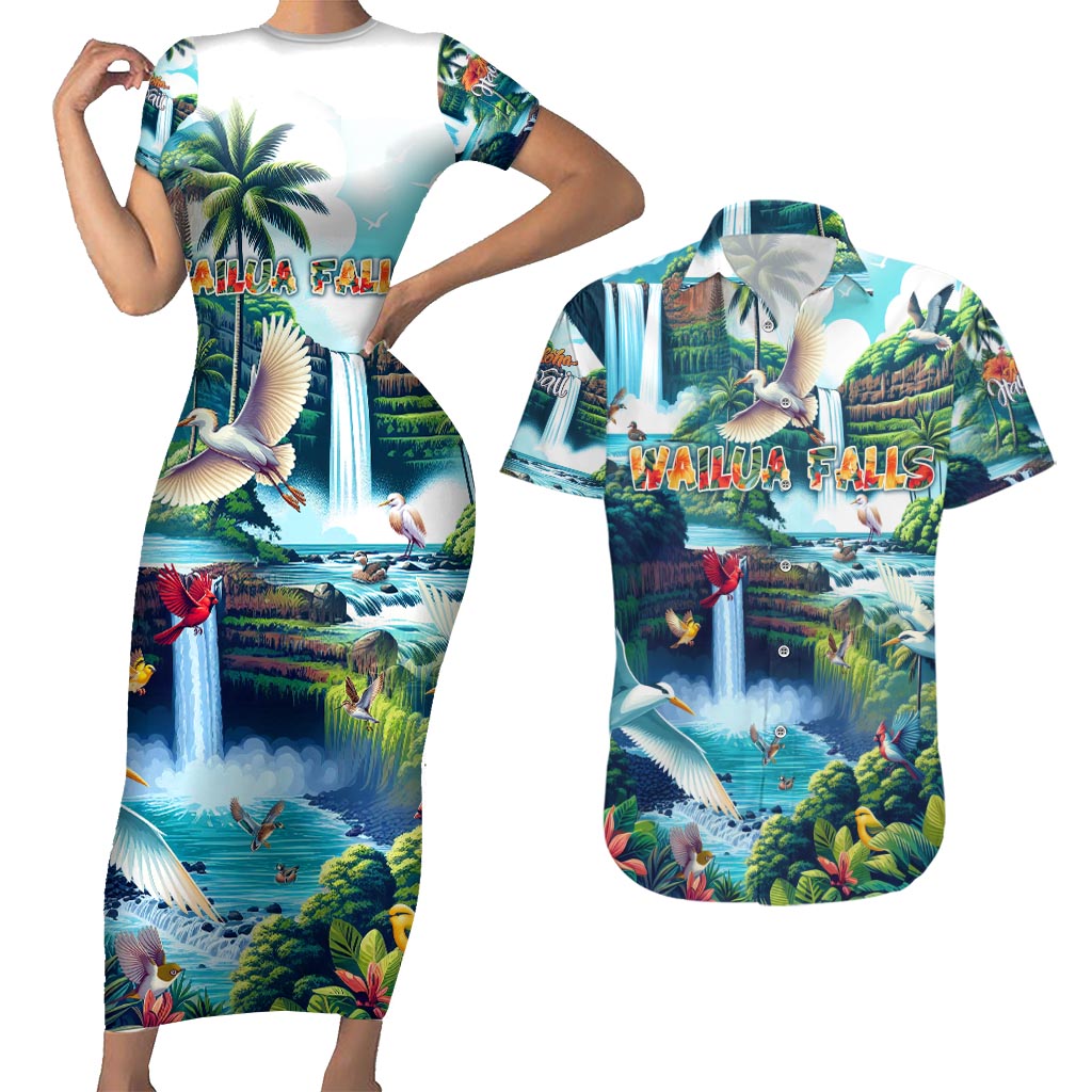 Wailua Falls Hawaii Couples Matching Short Sleeve Bodycon Dress and Hawaiian Shirt Kauai Natural Beauty DT02 Art - Polynesian Pride