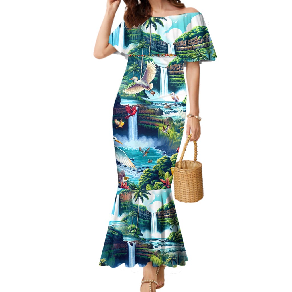 Wailua Falls Hawaii Family Matching Mermaid Dress and Hawaiian Shirt Kauai Natural Beauty DT02 Mom's Dress Art - Polynesian Pride