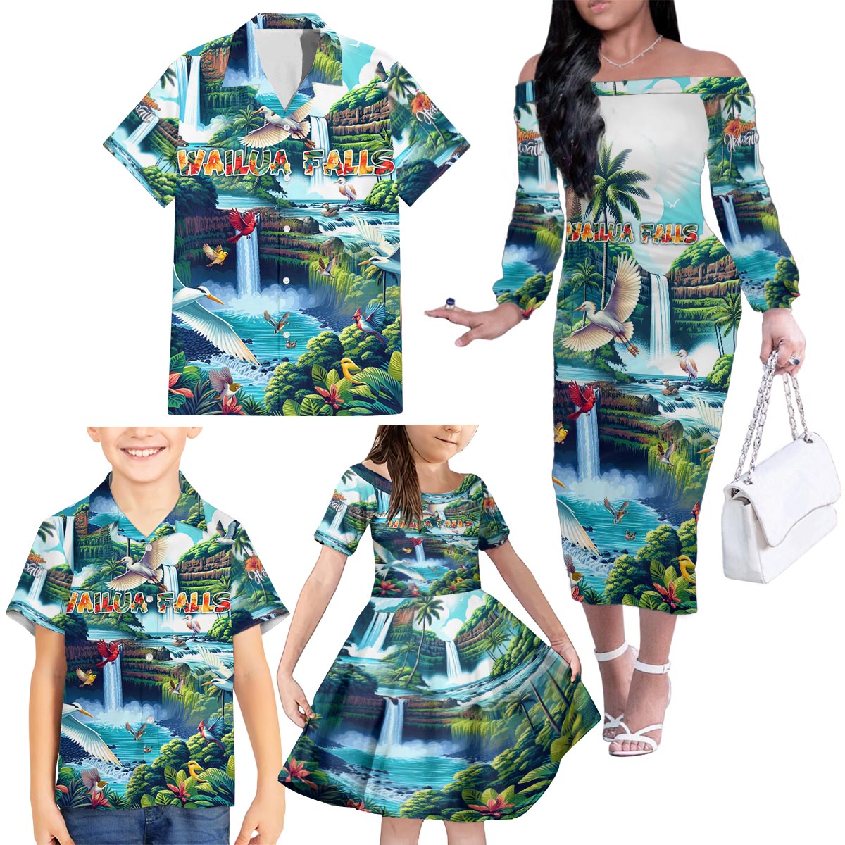 Wailua Falls Hawaii Family Matching Off The Shoulder Long Sleeve Dress and Hawaiian Shirt Kauai Natural Beauty DT02 - Polynesian Pride
