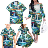 Wailua Falls Hawaii Family Matching Off The Shoulder Long Sleeve Dress and Hawaiian Shirt Kauai Natural Beauty DT02 - Polynesian Pride