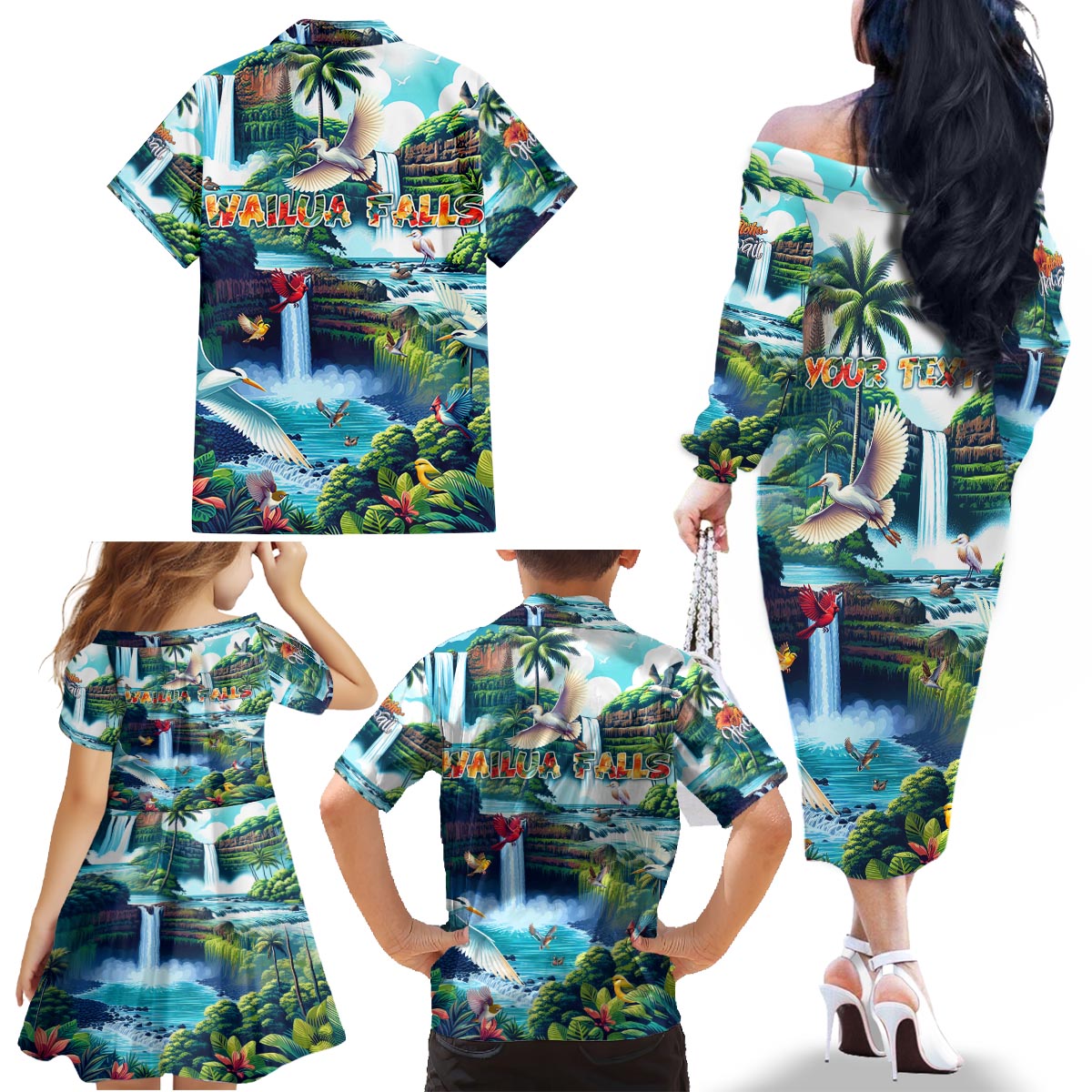Wailua Falls Hawaii Family Matching Off The Shoulder Long Sleeve Dress and Hawaiian Shirt Kauai Natural Beauty DT02 - Polynesian Pride