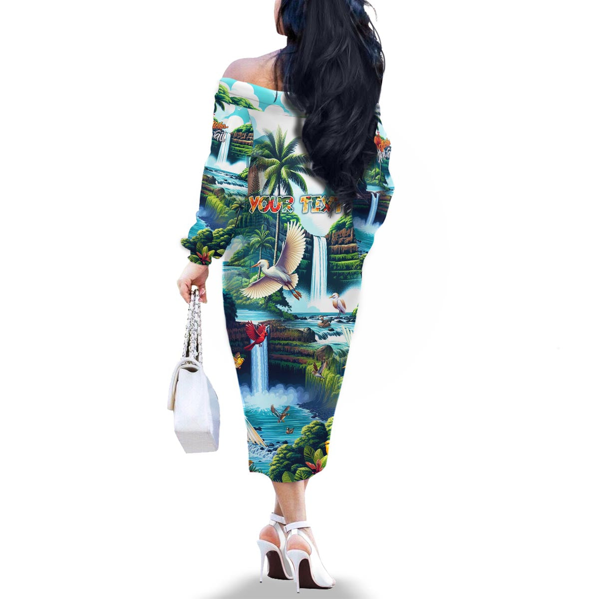 Wailua Falls Hawaii Family Matching Off The Shoulder Long Sleeve Dress and Hawaiian Shirt Kauai Natural Beauty DT02 - Polynesian Pride