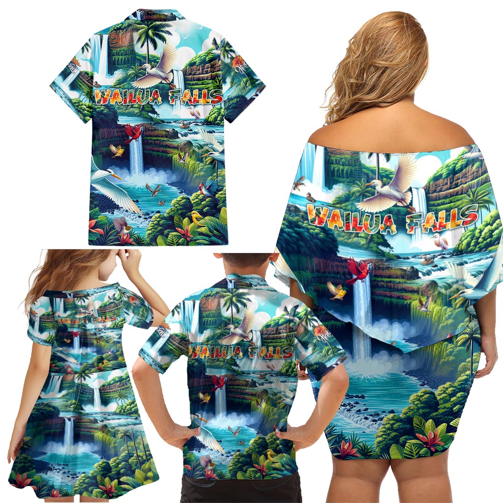Wailua Falls Hawaii Family Matching Off Shoulder Short Dress and Hawaiian Shirt Kauai Natural Beauty DT02 - Polynesian Pride